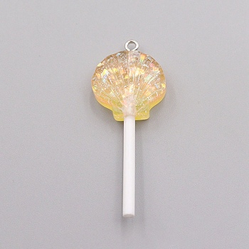 Resin Pendants, with Platinum Tone Iron Loop and Paillette/Sequins, Plastic Handle, Shell Lollipop, Goldenrod, 50x20x10mm