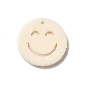 Opaque Acrylic Pendants, Flat Round with Smiling Face, Floral White, 19.5x2mm, Hole: 1.4mm