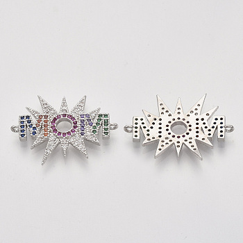Mother's Day Brass Micro Pave Cubic Zirconia Links connectors, Word Mom, Nickel Free, Colorful, Real Platinum Plated, 20.5x27.5x2mm, Hole: 1.2mm