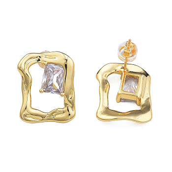 Cubic Zirconia Rectangle Stud Earrings, Golden Brass Jewelry for Women, Nickel Free, Clear, 20x16mm, Pin: 0.7mm