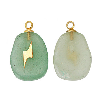 Natural Green Aventurine Pendants, Oval Charms with Golden Tone Stainless Steel Lightning Slice, 17x11mm, Hole: 1.5mm
