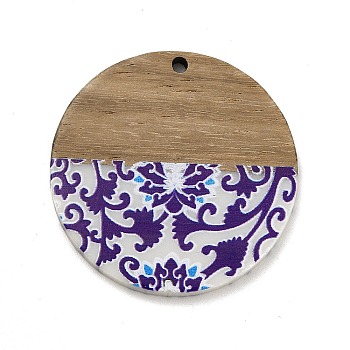 Printed Resin & Wood Pendants, Flat Round Charm with Blue and White Flower Pattern, Dark Slate Blue, 35x3mm, Hole: 2mm