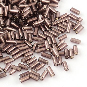 Tube Glass Bugle Beads, Silver Lined, Rosy Brown, 4~4.5x2mm, Hole: 1mm, about 1556pcs/50g