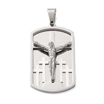 Easter 304 Stainless Steel Pendants, Rectangle with Cross & Jesus Charms, Backside Brushed Finish Process, Stainless Steel Color, 43x24x6mm, Hole: 8x5mm