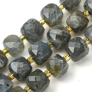 Natural Labradorite Beads Strands, with Seed Beads, Faceted Cube, 8~9x8~9x8~9mm, Hole: 0.9~1mm, about 35~39pcs/strand, 14.80''~15.16''(37.6~38.5cm)