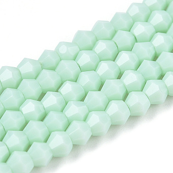 Opaque Solid Color Imitation Jade Glass Beads Strands, Faceted, Bicone, Light Cyan, 2.9~3.3x3mm, Hole: 0.7mm,  about 113~115pcs/strand, 14.04~14.235 inch(36~36.5cm)