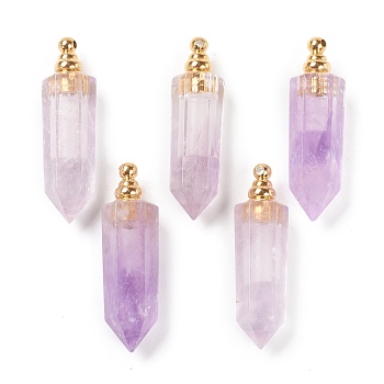 Faceted Natural Amethyst Pendants, Openable Perfume Bottle, with Golden Tone Brass Findings, Bullet, 46~47x13~14x11~12mm, Hole: 4.5mm, capacity: 1ml(0.03 fl. oz)
