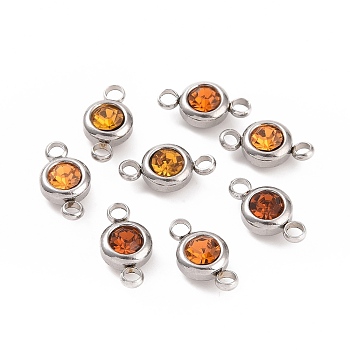 304 Stainless Steel Rhinestone Links Connectors, Flat Round, Stainless Steel Color, Topaz, 12x6.5x4mm, Hole: 2mm