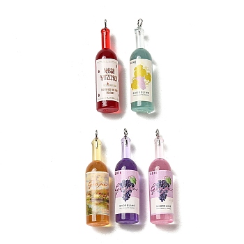Transparent Resin Wine Bottle Pendants, Bottle Charms with Platinum Tone Iron Loops, Mixed Color, 40x9.5mm, Hole: 1.8mm