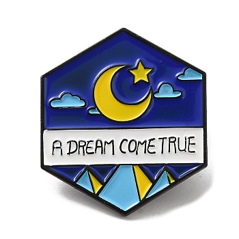 Hexagon Enamel Pins, Black Alloy Badge for Women, Word A Dream Comes True, Moon, 25x22x1.4mm