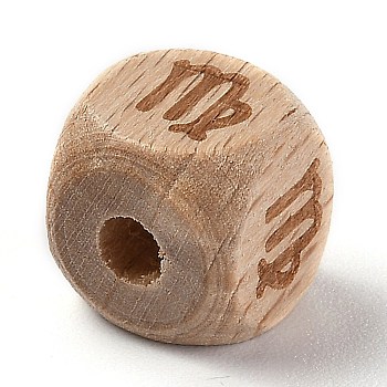 Natural Wood Constellation Beads, Cube, Virgo, 12x12x12mm, Hole: 4mm
