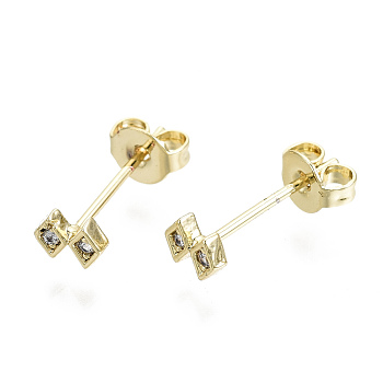 Brass Micro Pave Clear Cubic Zirconia Stud Earrings, with Ear Nuts, Nickel Free, Rhombus, Real 16K Gold Plated, 4x5mm, Pin: 0.8mm