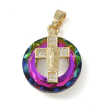 Brass Micro Pave Cubic Zirconia with Glass Pendents, Long-Lasting Plated, Cross, Magenta, 25x20x10mm, Hole: 6x3mm