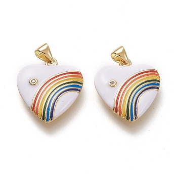 Brass Micro Pave Cubic Zirconia Pendants, with Enamel, Real 18K Gold Plated, Heart & Rainbow, White, 21x18.5x3.5mm, Hole: 3.5x5mm