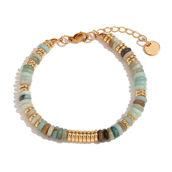 Retro Natural Jade & Stainless Steel Beaded Bracelets for Women, Disc, Real 18K Gold Plated, Inner Diameter: 6-3/4 inch(17cm)