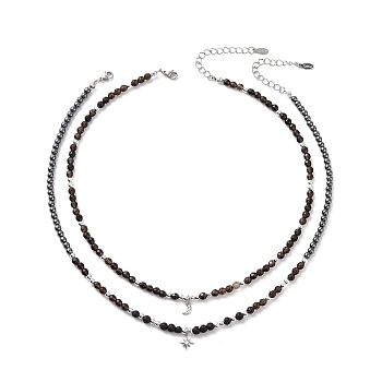 2Pcs 2 Style Clear Cubic Zirconia Moon & Star Charm Necklaces Set, Natural Smoky Quartz & Lava Rock Beaded Chains Stackable Necklaces for Women, Black, 16.30~16.61 inch(41.1~42.2cm), 1Pc/style