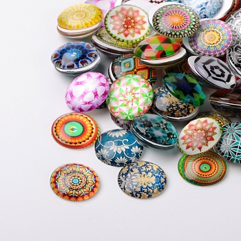 Mosaic Printed Glass Half Round/Dome Cabochons, Mixed Color, 20x6mm