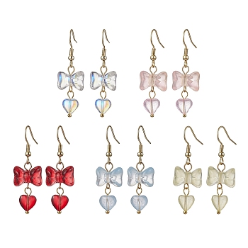 Bowknot with Heart Glass Dangle Earrings, 304 Stainless Steel Earrings, Mixed Color, 43x14mm