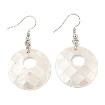 Rack Plating Brass Natural White Shell Dangle Earrings, Platinum, Creamy White, Flat Round, 47x25mm