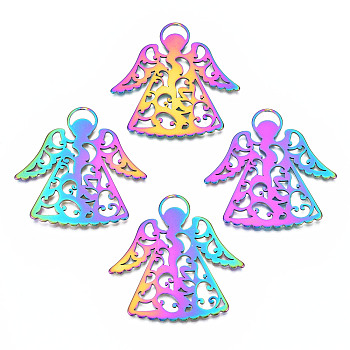 Ion Plating(IP) 201 Stainless Steel Pendants, Angel, Rainbow Color, 50x49x1mm, Hole: 4x9mm
