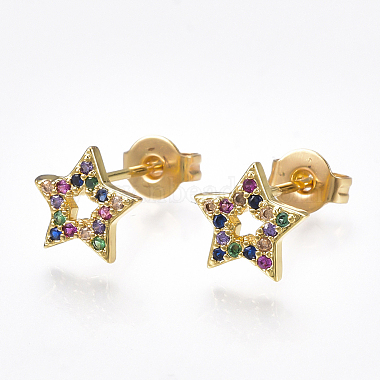 Brass Micro Pave Cubic Zirconia Ear Studs, Star, Real 18K Gold