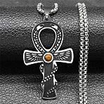 201 Stainless Steel Pave Natural Tiger Eye Ankh Cross Pendant Box Chain Necklaces, Stainless Steel Color, 19.49 inch(49.5cm)(STAS-D196-04P)