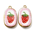 Fruit & Floral & Animals Printed Handmade Porcelain Pendants, with Golden Tone 304 Stainless Steel Loops, Oval Charms, Strawberry, 29~29.5x16.5x4.5~5.5mm, Hole: 2mm(STAS-Z207-01G-04)