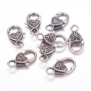 Tibetan Style Heart Lobster Claw Clasps, Cadmium Free & Lead Free, Antique Silver, about 25.5mm long, 14mm wide, 6mm thick, hole: 4mm(X-LF014Y)