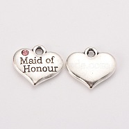 Wedding Theme Antique Silver Tone Tibetan Style Alloy Heart with Maide of Honour Rhinestone Charms, Cadmium Free & Lead Free, Light Rose, 14x16x3mm, Hole: 2mm(TIBEP-N005-16C)