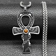 304 Stainless Steel Pave Natural Tiger Eye Ankh Cross Pendant Box Chain Necklaces, Stainless Steel Color, 19.49 inch(49.5cm)(STAS-D196-04P)