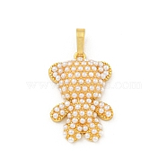 Rack Plating Brass Pendants, with ABS Imitation Pearl Beads, Long-Lasting Plated, Cadmium Free & Lead Free, Bear, Real 18K Gold Plated, 24x16x5.5mm, Hole: 6.5x3.5mm(KK-P277-06G)