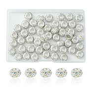 50Pcs Polymer Clay Rhinestone European Large Hole Beads, with Silver Color Plated Brass Cores, Rondelle, Crystal AB, 11~12x7~7.5mm, Hole: 5mm(FPDL-YW0001-01B)