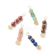 Natural Mixed Gemstone Pendants, with Golden Plated Copper Wire Wrapped and Brass Rhinestone Spacer Beads, Round Charm, Mixed Dyed and Undyed, 33x7x6mm, Hole: 3.5mm(PALLOY-JF01890)