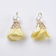 Nylon Pendant Decorations, with Iron Findings, and Acrylic Pearl Beads, Flower, Light Gold, Yellow, 30x27mm, Hole: 2mm(CCB-F007-E14)