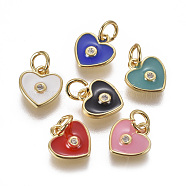 Brass Micro Pave Cubic Zirconia Pendants, with Enamel, Heart, Golden, Mixed Color, 10x9x2mm, Hole: 3mm(ZIRC-I026-06G)
