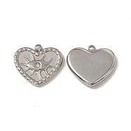 201 Stainless Steel Pendants, with Rhinestone, Heart with Eye Charm, Stainless Steel Color, 15x15.5x2.5mm, Hole: 1.2mm(STAS-J401-VC707)