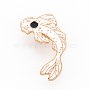 Rack Plating Alloy Enamel Brooches, Enamel Pins, with Brass Butterfly Clutches, Fish, Cadmium Free & Nickel Free & Lead Free, Light Gold, White, 38.5x23mm, Pin: 1mm(JEWB-S011-175C-NR)