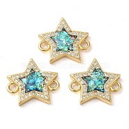 Rack Plating Brass Micro Pave Clear Cubic Zirconia Star Connector Charms, with Synthetic Opal, Real 18K Gold Plated, Long-Lasting Plated, Lead Free & Cadmium Free, Light Sea Green, 15x16x3mm, Hole: 1.8mm(KK-K385-097G)