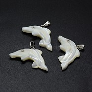 Shell Pendants, with Brass Findings and Rhinestone, Dolphin, Crystal, Platinum, 22~24x27~29x3~4mm, Hole: 2x5mm(SSHEL-E564-06P)