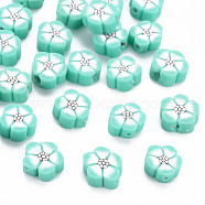 Handmade Polymer Clay Beads, Flower, Turquoise, 9~10x9~10x4~5mm, Hole: 1.2mm(CLAY-N011-007D)