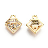 Brass Micro Cubic Zirconia Charms, Nickel Free, Real 18K Gold Plated, Diamond Shapes, Clear, 11.5x10x2mm, Hole: 1.2mm(KK-N231-116-NF)