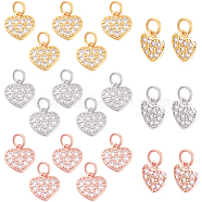 24Pcs 3 Colors Brass Micro Pave Clear Cubic Zirconia Charms, Heart with Jump Rings, Mixed Color, 10x10x1.8mm, Hole: 3mm, 8pcs/color(KK-NB0001-41)
