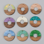 Resin & Walnut Wood Pendants, Flat Round, Mixed Color, 28x3mm, Hole: 2mm(RESI-S389-013A)