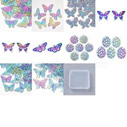 20Pcs 10 Style Ion Plating(IP) 201 Stainless Steel Filigree Pendants, Etched Metal Embellishments, Butterfly & Ring & Oval, Rainbow Color, 18~48.5x20.5~48x0.2~0.3mm, hole: 0.9~1.5mm, 2pcs/style(STAS-SZ0002-15)