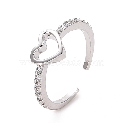 Clear Cubic Zirconia Hollow Out Heart Open Cuff Ring, Brass Jewelry for Women, Platinum, US Size 7 1/2(17.7mm)(RJEW-I094-04P)