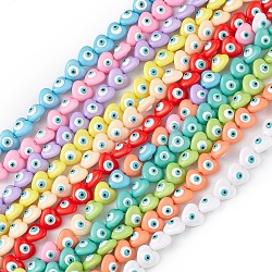 Evil Eye Resin Beads Strands, Heart, Mixed Color, 12.5x14x9mm, Hole: 1.8mm, about 30pcs/strand, 14.25 inch(36.2cm)(RESI-F040-01)
