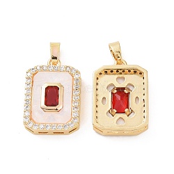 Brass Micro Pave Cubic Zirconia Pendants, with White Shell, Octagon Rectangle Charms, Real 18K Gold Plated, 19x13x4mm, Hole: 4x2.5mm(KK-E068-VC462)