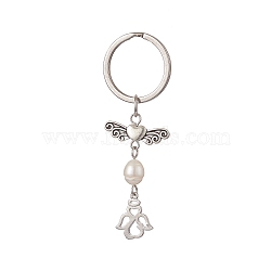 304 Stainless Steel Angel Keychains, with Natural Cultured Freshwater Pearl Beads, Mixed Color, 7cm(KEYC-JKC00470)