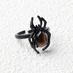 Natural Tiger Eye Spider Open Cuff Rings, Gunmetal Tone Metal Finger Rings for Unisex, Inner Diameter: Adjustable(PW-WGC70E9-22)