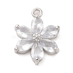 Brass Pendants, with Glass, Long-Lasting Plated, Platinum, Flower Charm, Clear, 15x11.5x3.5mm, Hole: 1.2mm(KK-M275-65P)